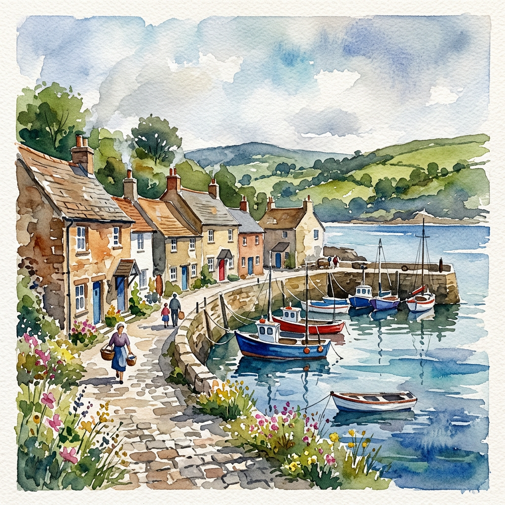 Watercolor coastal village with cottages, harbor boats, and green hills